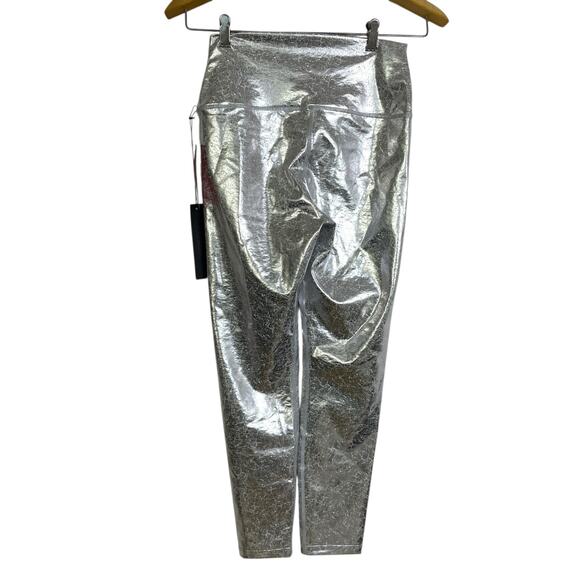 Carbon 38 Crackle Foil 7/8 Leggings Medium Womens Silver Metallic Gym Workout - Picture 2 of 9